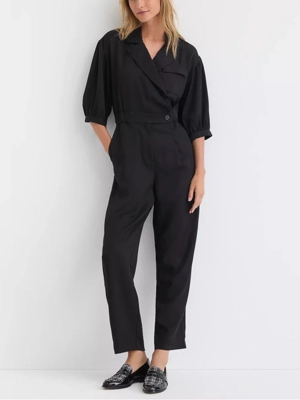 LOFT Black Utility Jumpsuit Lyocell Wide Leg Minimalist Boiler Suit Size 00